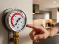 Un technicien vérifie un manomètre indiquant une baisse de pression de la chaudière, sans fuite visible.
