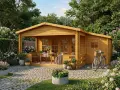 Maisonnette en bois avec une terrasse couverte aménagée pour les repas, entourée de fleurs et d'un vélo.