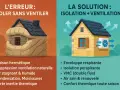 Illustration comparant une maison étouffée par l'isolation sans ventilation (erreur) et une maison bien isolée et ventilée (solution), essentielle pour la rénovation maison ancienne.