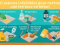 Astuces pour nettoyer une terrasse en béton : terre de Sommières, vinaigre blanc, savon noir, gros sel, entretien régulier, bicarbonate de soude, imperméabilisant.