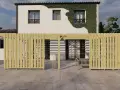 Une pergola bois fait maison délimite un espace extérieur moderne devant une maison blanche recouverte de végétation.