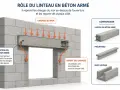 Illustration du rôle d'un linteau en béton armé : il reprend les charges du mur au-dessus d'une ouverture et les reporte sur les appuis.