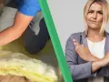 Pose de matériau isolant pour une isolation phonique de cloison. Une femme fait un signe d'interdiction.