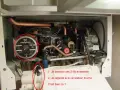 Intérieur d'une chaudière, avec une pompe Grundfos et des tuyaux de cuivre. Des fils sont entourés, suggérant une réparation pour un problème de chaudière ne se déclenche pas eau chaude.