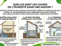 Illustration des causes d'humidité dans une maison : remontées capillaires du sol, infiltrations, et condensation.