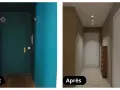 Avant/Après : un couloir transformé avec une peinture couloir moderne, plus lumineux et organisé.