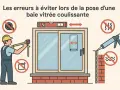 Un poseur mesure une baie vitrée coulissante. L'image illustre les erreurs à éviter lors de la pose d'une baie vitrée, notamment l'usage d'un mètre ruban, le niveau à bulle et le joint d'étanchéité.