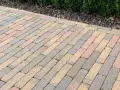 Un chemin en pavés extérieurs aux teintes chaudes et grises, bordé par un buisson verdoyant.