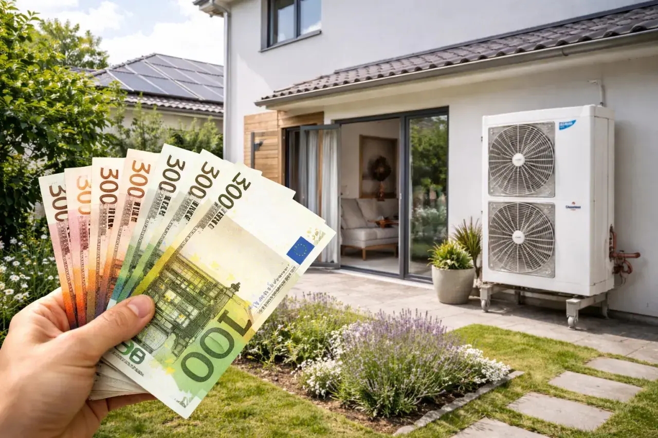 Main d'une personne tenant des billets en euros devant une maison moderne avec une unité de climatisation extérieure. Le prix de la climatisation est un investissement.