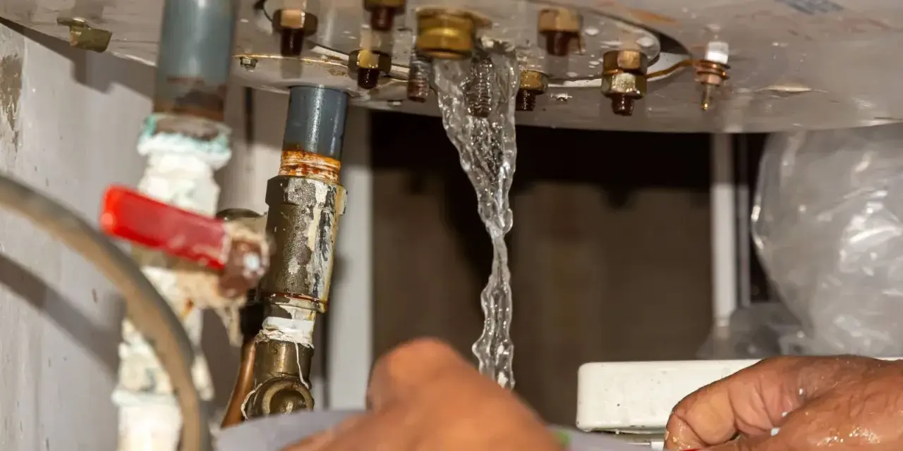 Fuite d'eau par le haut du chauffe-eau, près d'un joint rouge. Un filet d'eau s'échappe des raccords métalliques.