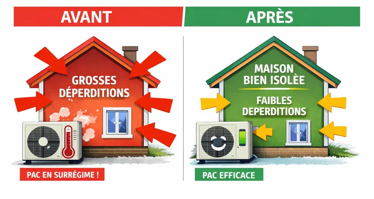 Avant : maison rouge avec grosses déperditions, PAC en surrégime. Après : maison verte bien isolée, faibles déperditions, PAC efficace.