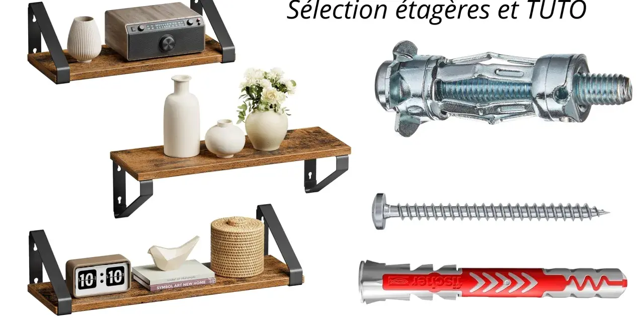 Étagères en bois rustique et fixations pour placo, idéales pour fixer vos étagères.