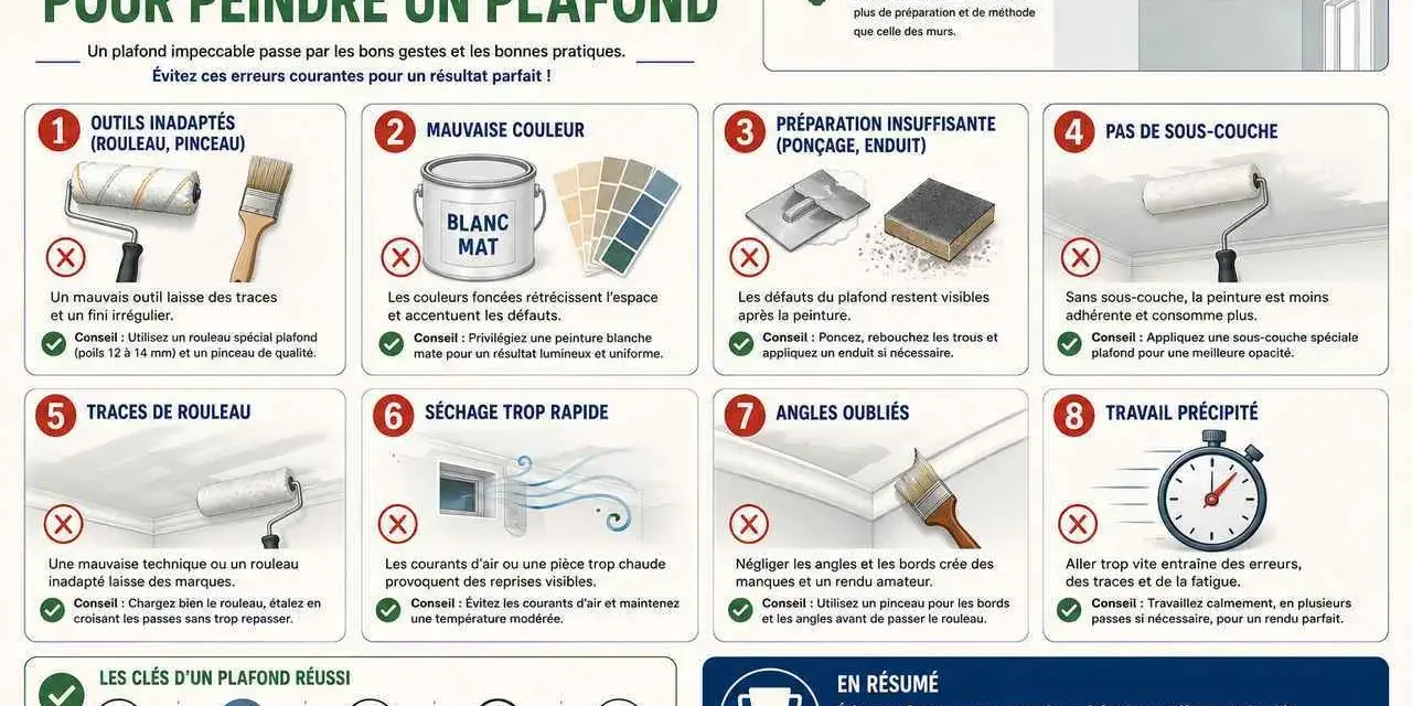 Guide pour peindre un plafond : évitez 8 erreurs courantes pour un résultat impeccable. Quelle peinture pour plafond choisir ? Privilégiez le blanc mat pour un fini lumineux.
