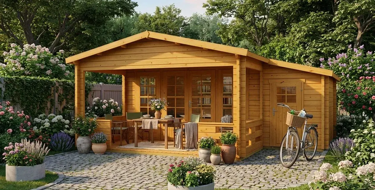 Maisonnette en bois avec une terrasse couverte aménagée pour les repas, entourée de fleurs et d'un vélo.