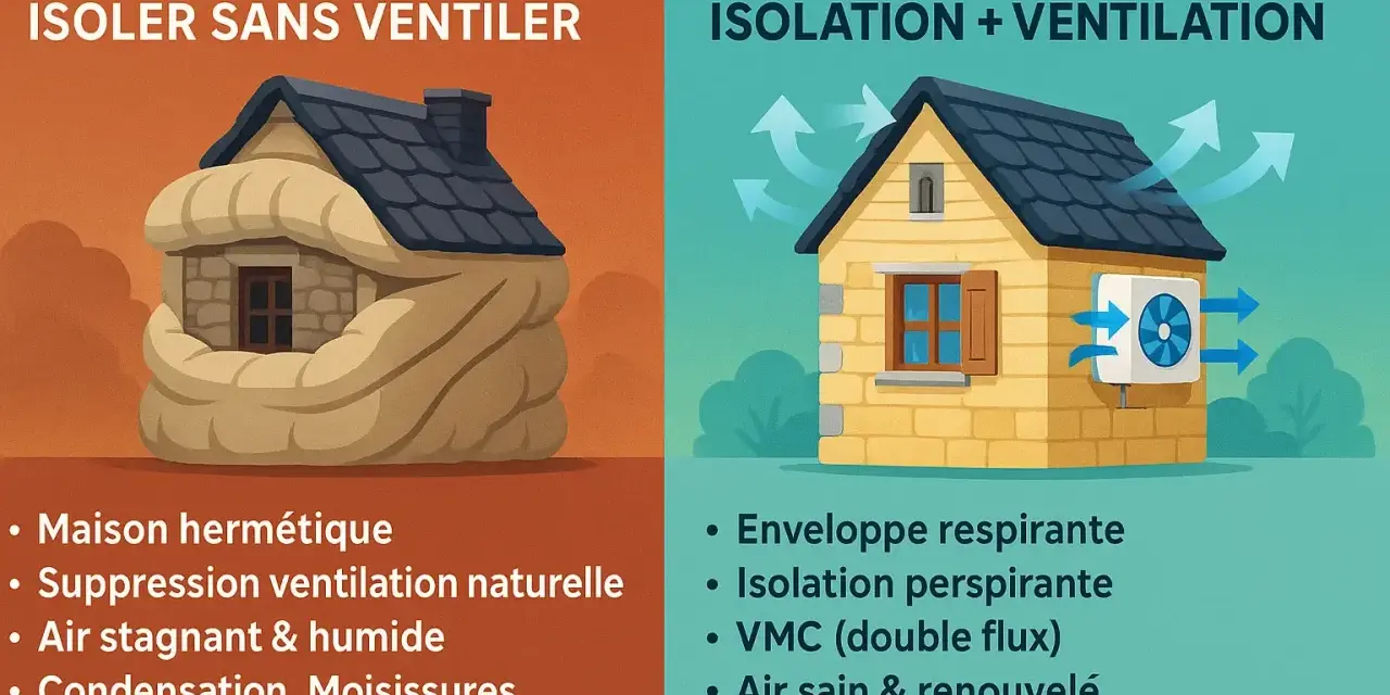 Illustration comparant une maison étouffée par l'isolation sans ventilation (erreur) et une maison bien isolée et ventilée (solution), essentielle pour la rénovation maison ancienne.