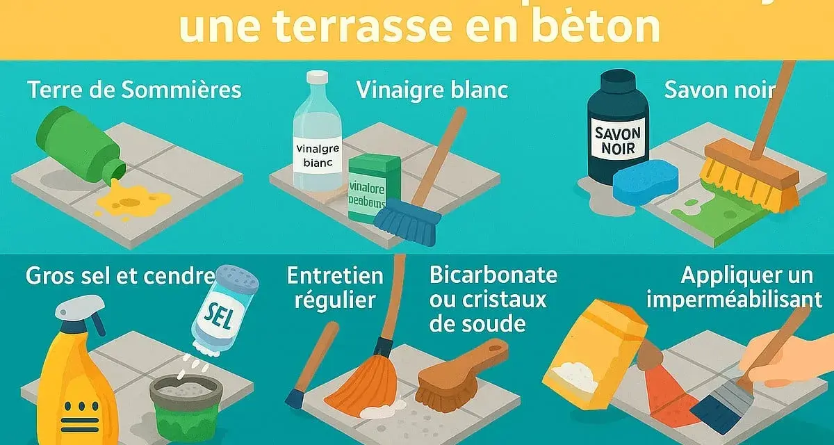 Astuces pour nettoyer une terrasse en béton : terre de Sommières, vinaigre blanc, savon noir, gros sel, entretien régulier, bicarbonate de soude, imperméabilisant.