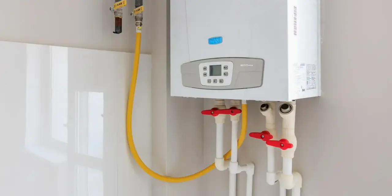 Installation d'un ballon d'eau chaude Baxi. Tuyaux de gaz et d'eau avec robinets rouges.