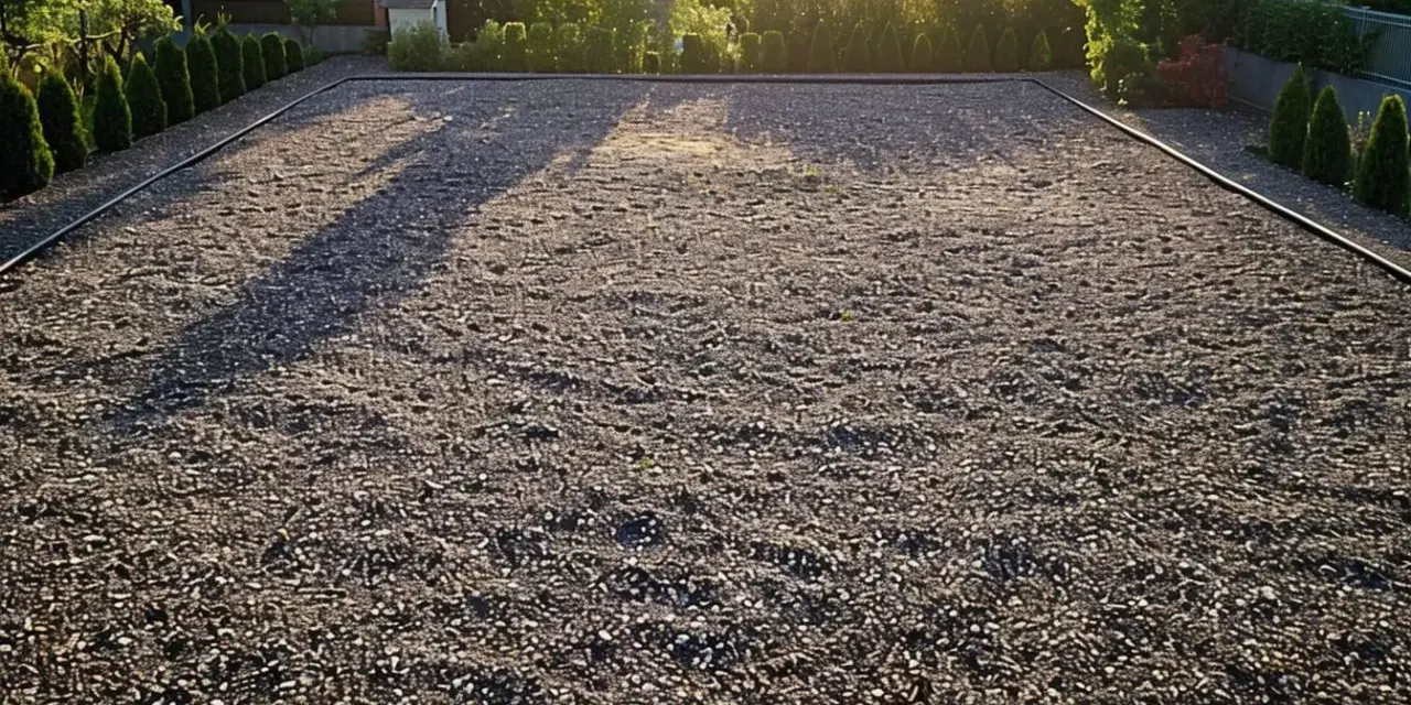 Un grand parking en gravier, bordé de haies et d'arbres, sous la lumière dorée du soleil couchant.