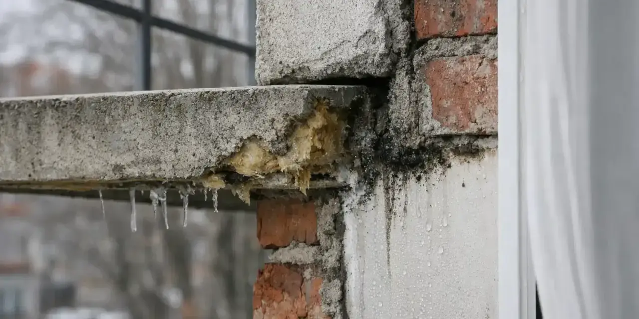Détérioration d'un balcon en béton, avec des stalactites de glace et des traces de moisissure. Un pont thermique favorise la condensation et la dégradation.