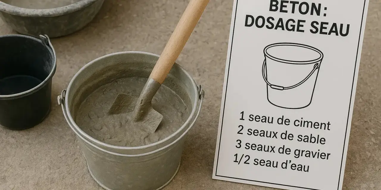 Préparation du béton : un seau de ciment, du sable, du gravier et de l'eau sont prêts à être mélangés.