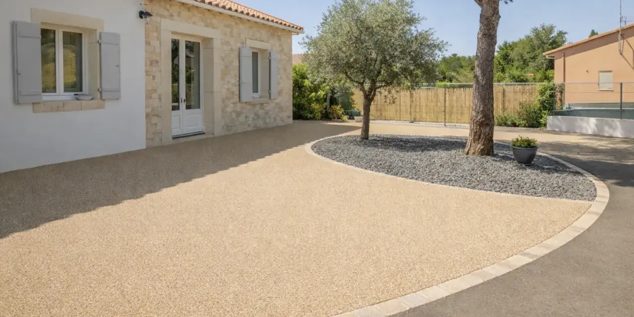 Allée de maison avec béton désactivé de belle épaisseur, bordée de pierres et de gravier sombre autour d'un arbre.