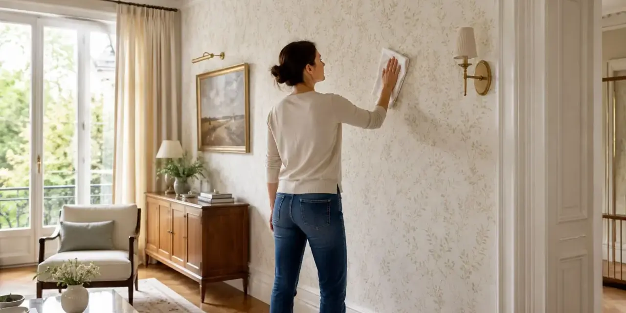 Une femme nettoie un mur avec un papier peint à motifs de feuilles. Elle utilise un chiffon pour peindre sur du papier peint, peut-être pour le rafraîchir.