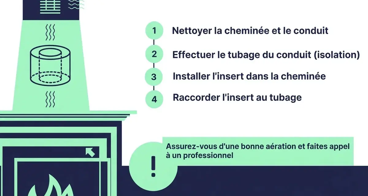 Étapes pour installer un insert dans une cheminée : nettoyage, tubage, pose de l'insert et raccordement. Assurez une bonne aération.