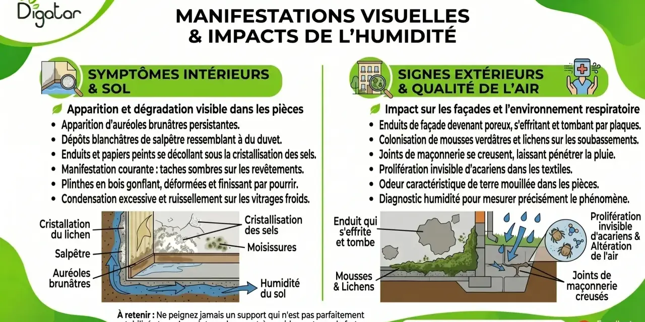 Infographie sur les manifestations et impacts de l'humidité, incluant les symptômes intérieurs, extérieurs et les solutions pour l'étanchéité mur enterré.