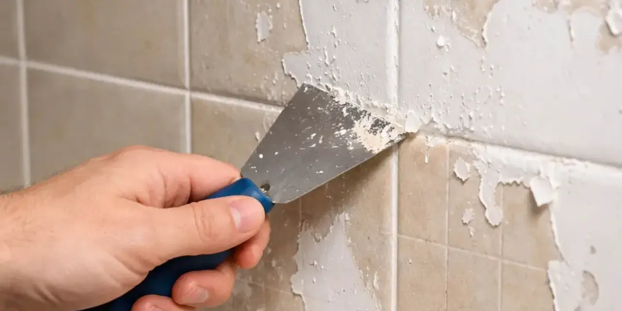 Main tenant enlever peinture sur carrelage avec une spatule. La peinture s'écaille, révélant le carrelage beige en dessous.