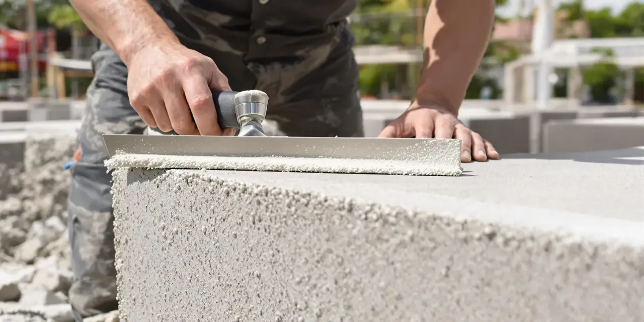Un maçon applique du mortier sur un bloc de béton cellulaire extérieur pour la construction d'un mur.