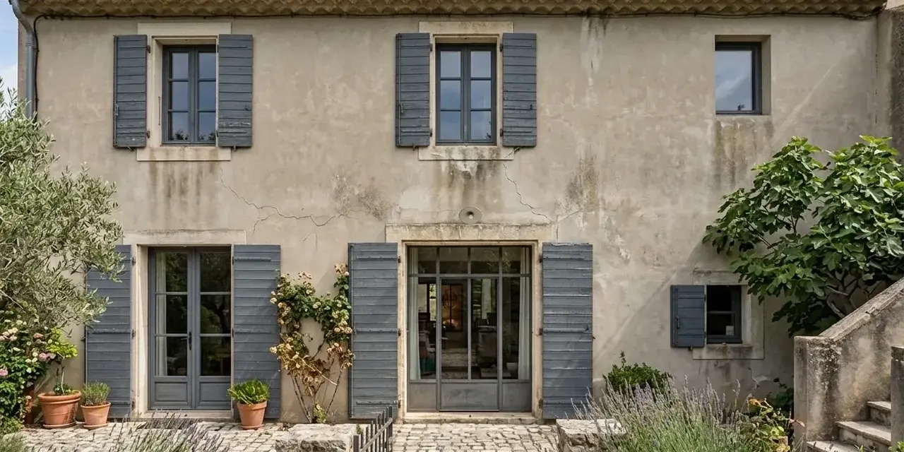 Maison en pierre avec volets gris, idéale pour une aide pour isolation extérieure. Jardin fleuri et pavé devant.