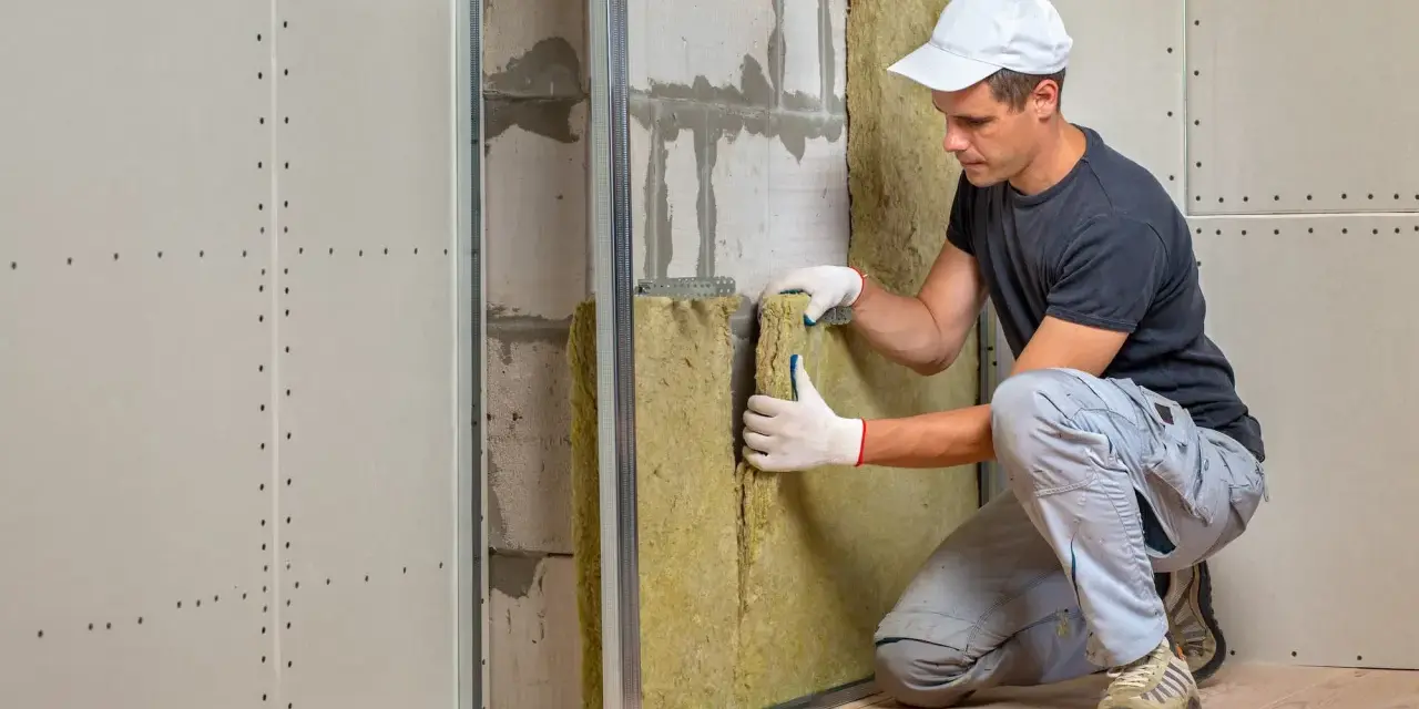 Pose d'isolant dans un mur intérieur de maison ancienne. Un ouvrier installe la laine de roche dans une ossature métallique avant la pose des plaques de plâtre.