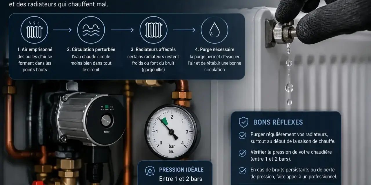 Le circuit de chauffage idéal fonctionne entre 1 et 2 bars. L'image montre un manomètre indiquant la pression, une pompe, et un radiateur purgé.