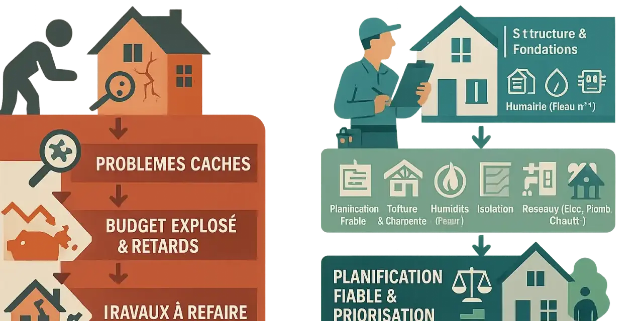 Diagnostic bâclé vs. complet pour rénover sa maison : problèmes cachés, budget explosé et travaux à refaire, ou planification fiable et priorisation.