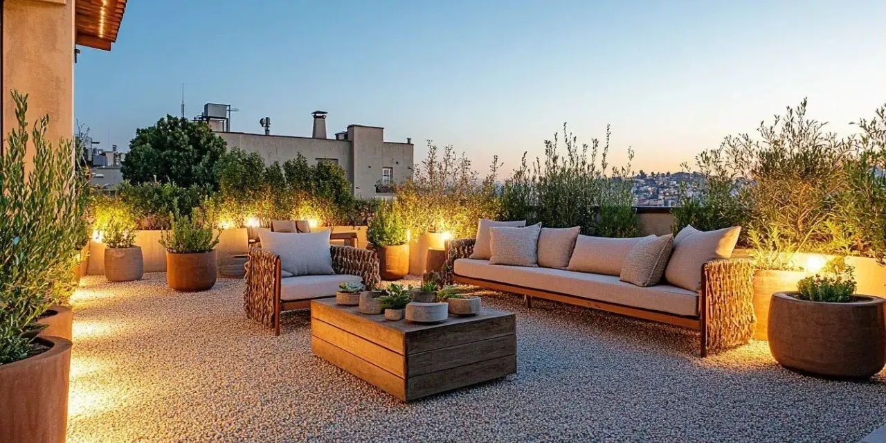 Terrasse moderne avec mobilier de jardin, plantes et éclairage d'ambiance sur un sol en gravier. Le prix du gravier m3 est un détail à considérer pour un tel aménagement.