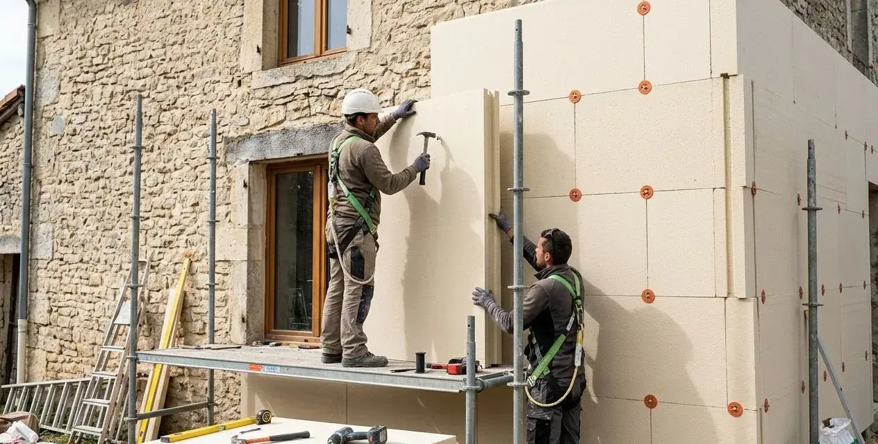 Deux ouvriers installent des panneaux isolants sur un mur de pierre. Ils utilisent des échafaudages et des outils pour fixer le matériau, assurant ainsi le meilleur isolant thermique pour la bâtisse.