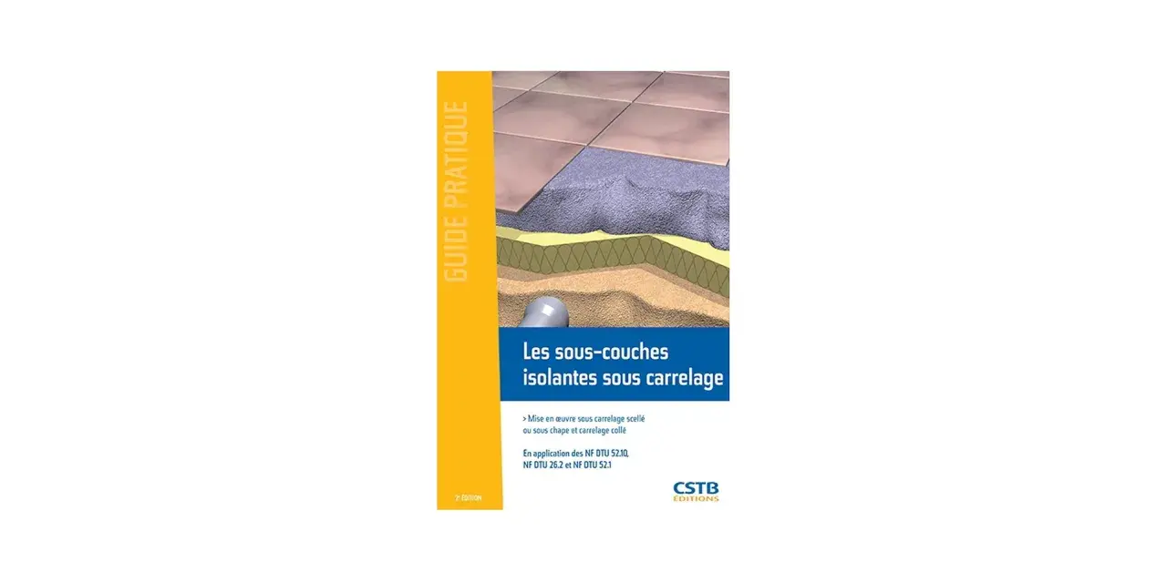 Illustration d'une coupe de sol montrant les couches d'une sous-couche acoustique pour carrelage, avec des carreaux en haut.