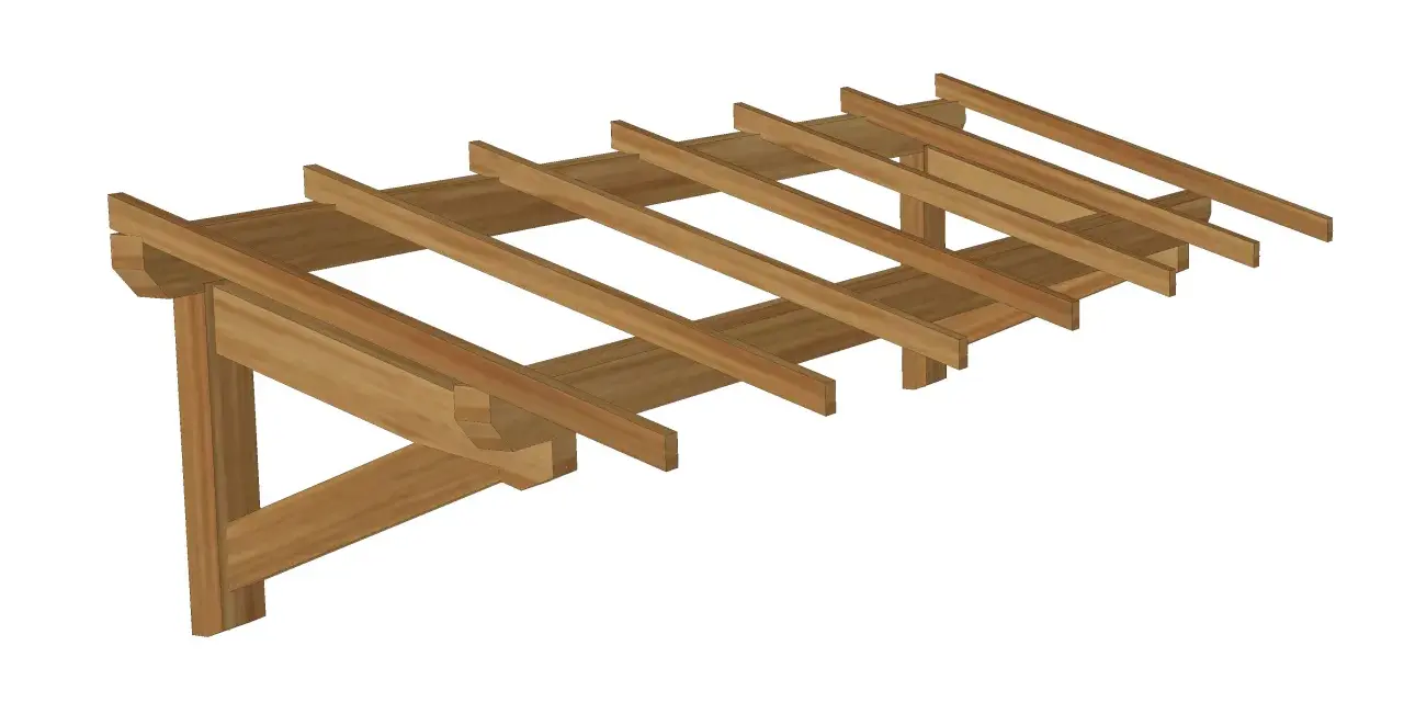 Plan pour fabriquer une marquise en bois. Structure en bois avec poutres et chevrons, prête à être assemblée pour créer une ombrelle.