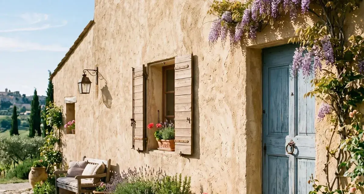 Maison de campagne avec enduit à la chaux extérieur, porte bleue, volets en bois, banc et lavande.