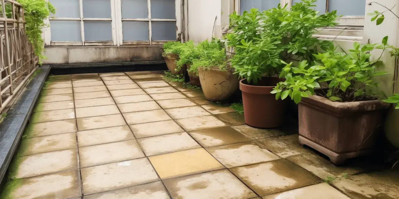 Une terrasse carrelée, prête à refaire une terrasse sur une ancienne, bordée de plantes en pots sous de grandes fenêtres.