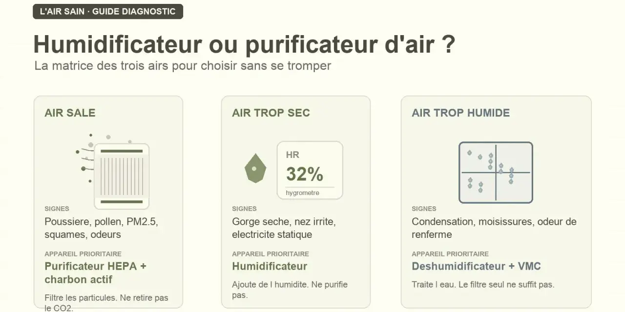 Guide pour choisir entre humidificateur et purificateur d'air. Il présente trois scénarios : air sale, air trop sec (taux humidité maison 32%) et air trop humide.