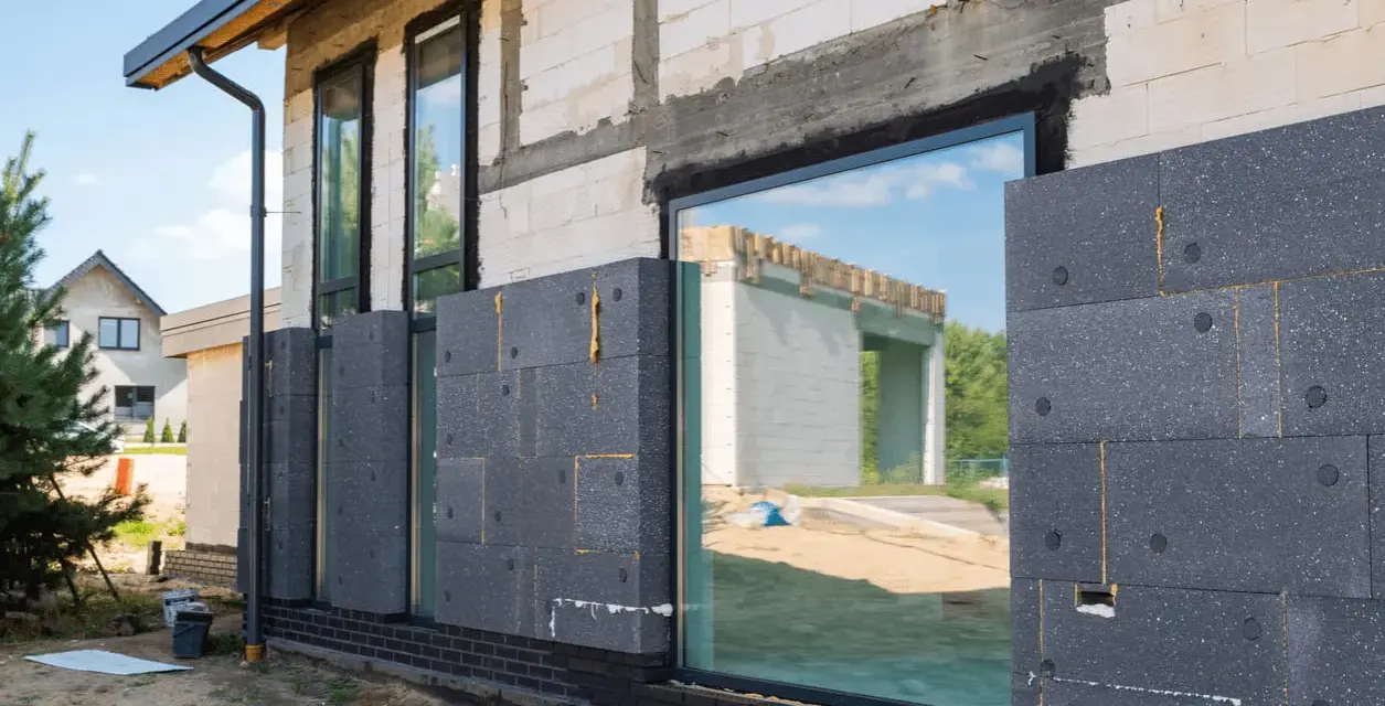 Maison en construction avec panneaux de polystyrène gris fixés pour le ravalement et isolation extérieure.