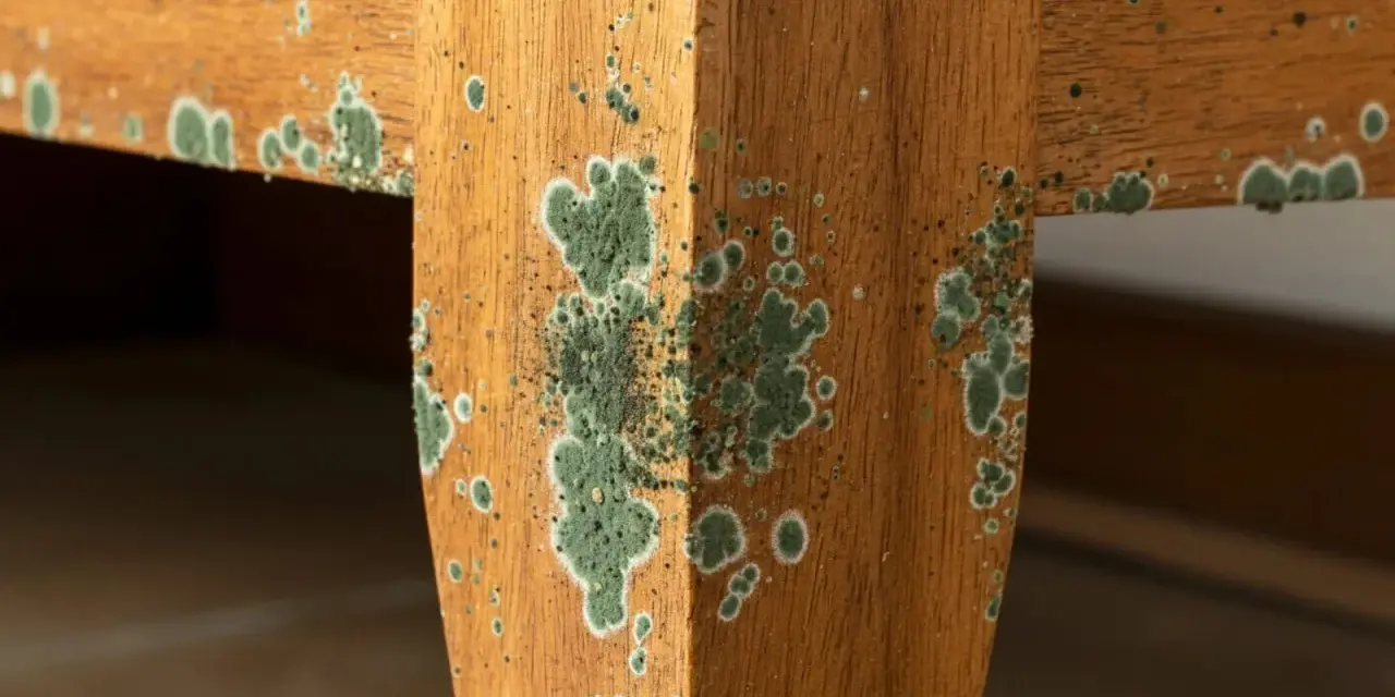 Moisissure verte envahit un meuble en bois. Il est temps d'enlever moisissure bois pour restaurer sa beauté.
