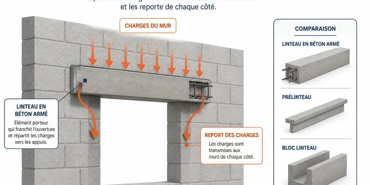 Illustration du rôle d'un linteau en béton armé : il reprend les charges du mur au-dessus d'une ouverture et les reporte sur les appuis.