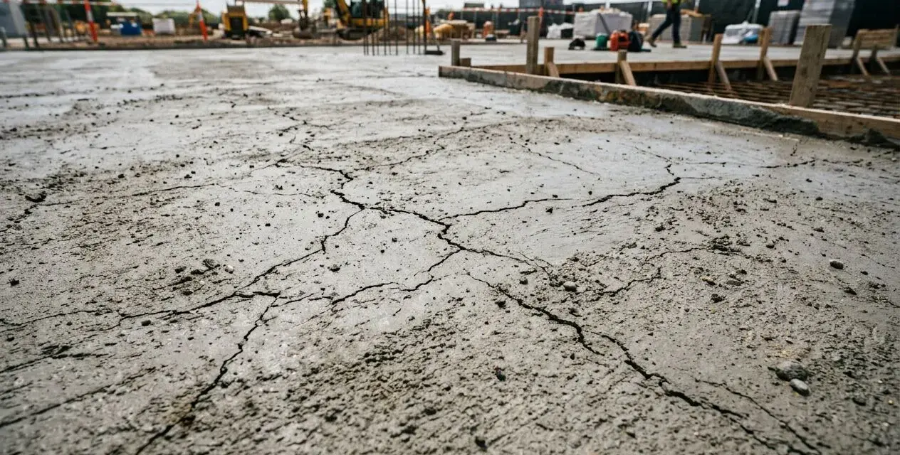 Une fissure dans une dalle de béton fraîchement coulée sur un chantier. Des engins de chantier sont visibles en arrière-plan.
