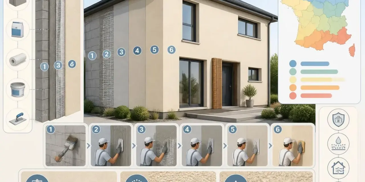 Étapes pour le prix d'un crépi de maison de 200m2. Illustration des matériaux et techniques pour un enduit extérieur.