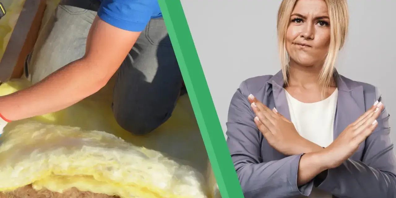 Pose de matériau isolant pour une isolation phonique de cloison. Une femme fait un signe d'interdiction.