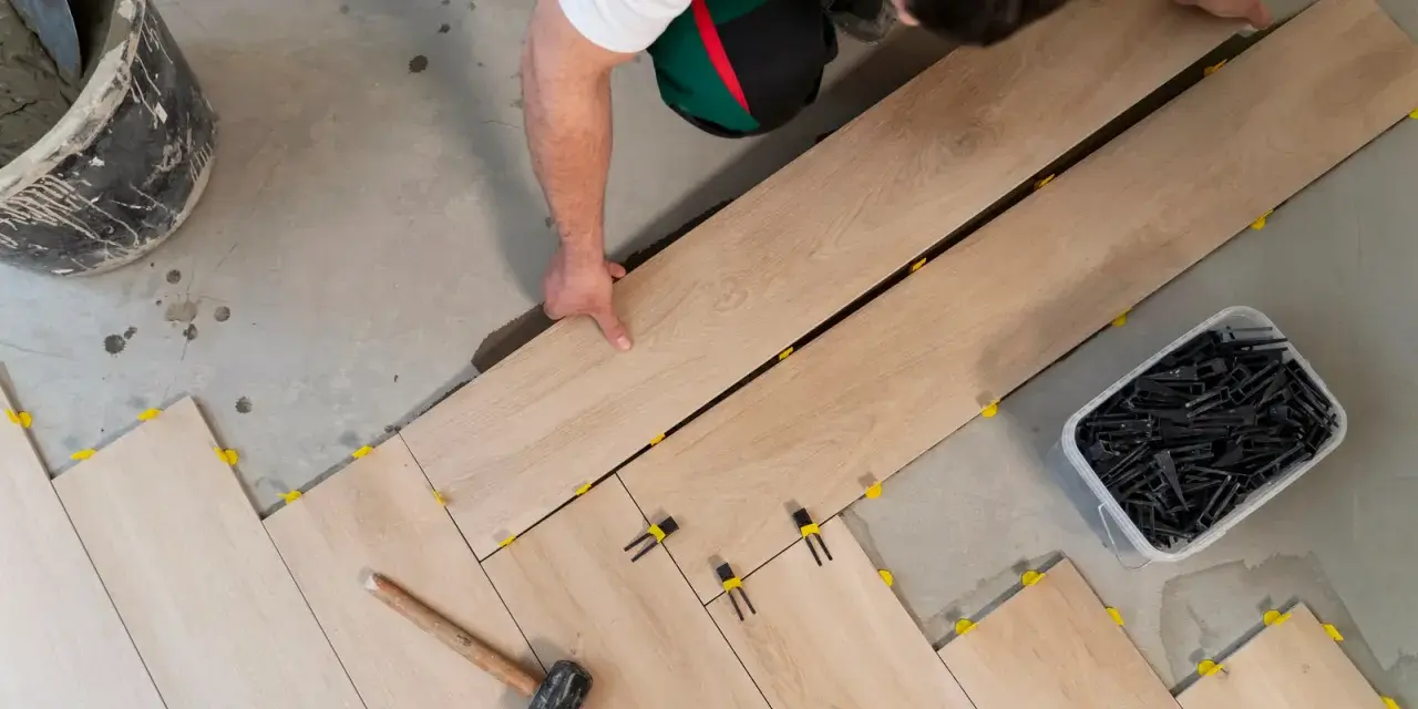 Pose d'un carrelage imitation bois sur un plancher. Un ouvrier pose les lames, des cales jaunes et noires assurent l'espacement.