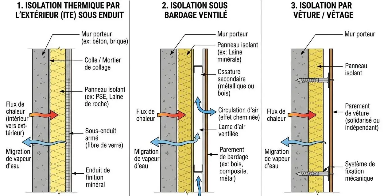 Diagramme comparant trois systèmes d'isolation de façade : ITE sous enduit, bardage ventilé et vêture. L'isolation sous enduit est la première option présentée.