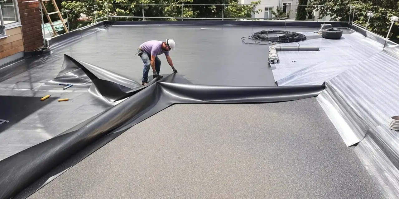 Un ouvrier pose une membrane pour l'étanchéité d'une terrasse en béton. Le travail est en cours.